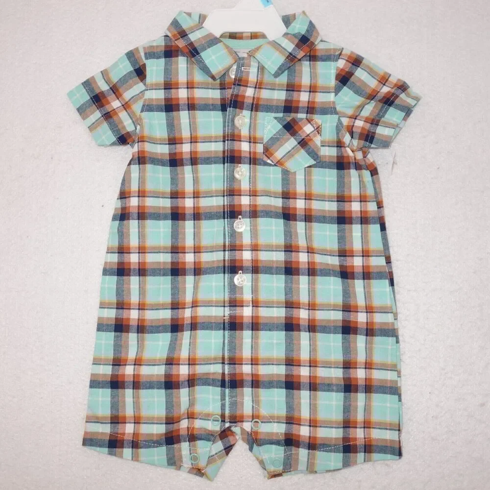 NEW Carter's 6 Month Blue Rust Plaid Button Up w/ Collar Romper Short Outfit